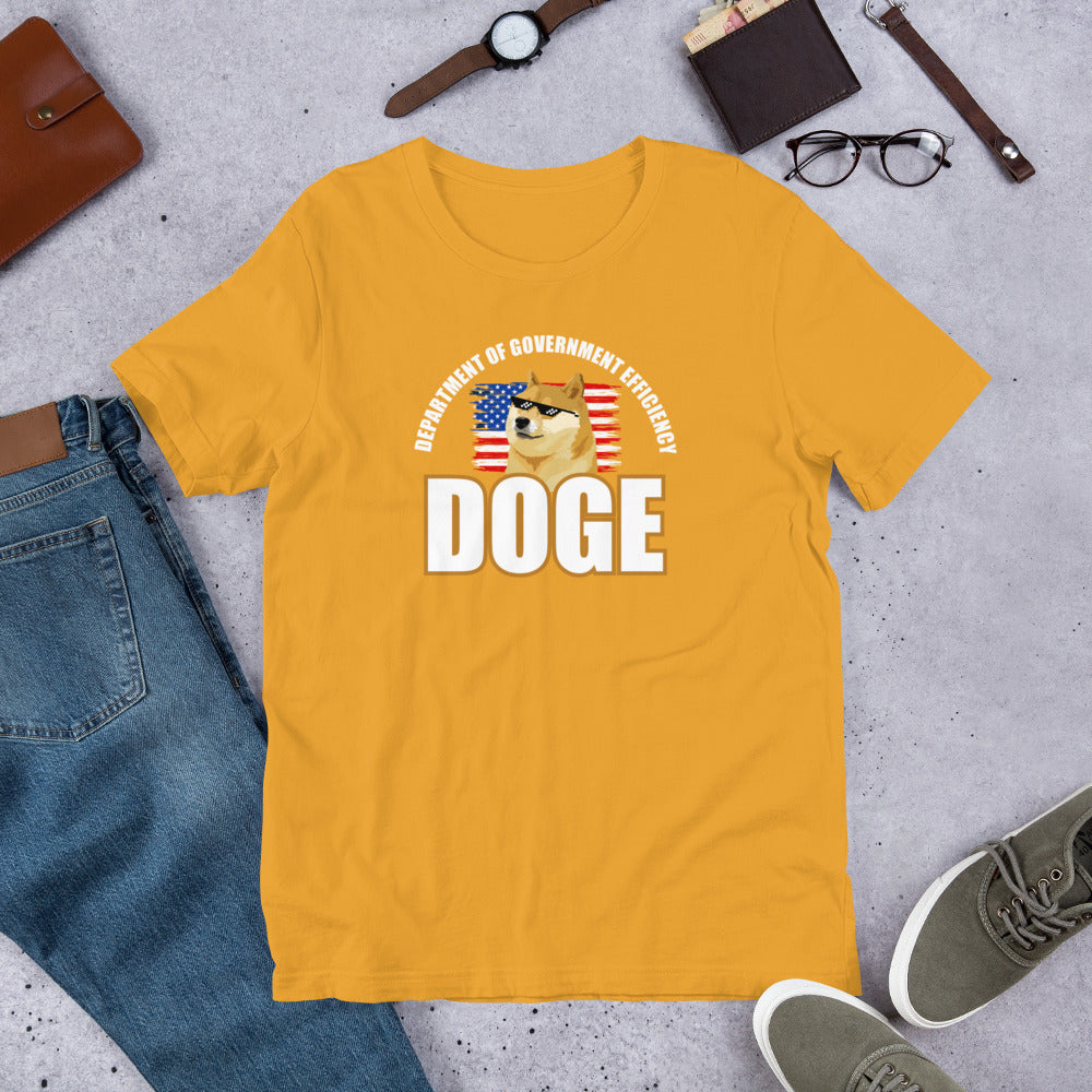 Doge Tee, Doge T-shirt, Doge shirt featuring Department of Government Efficiency (D.O.G.E.) design with Shiba Inu dog meme, government parody t-shirt, funny D.O.G.E. acronym apparel, such efficiency much government wow, official looking doge meme shirt with Shiba Inu mascot 